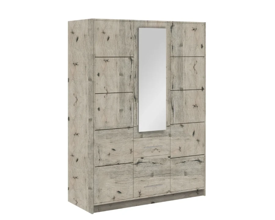 Kleiderschrank in heller Eiche-Optik mit Spiegel und drei Schubladen.