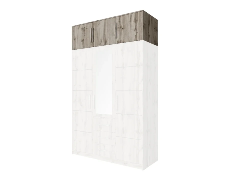Kleiderschrank in weißer Holzoptik mit Eiche-Aufsatzschrank und Spiegel.