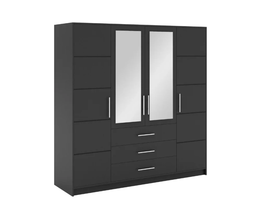 Viertüriger Kleiderschrank in Anthrazit mit zwei Spiegeltüren und drei Schubladen.