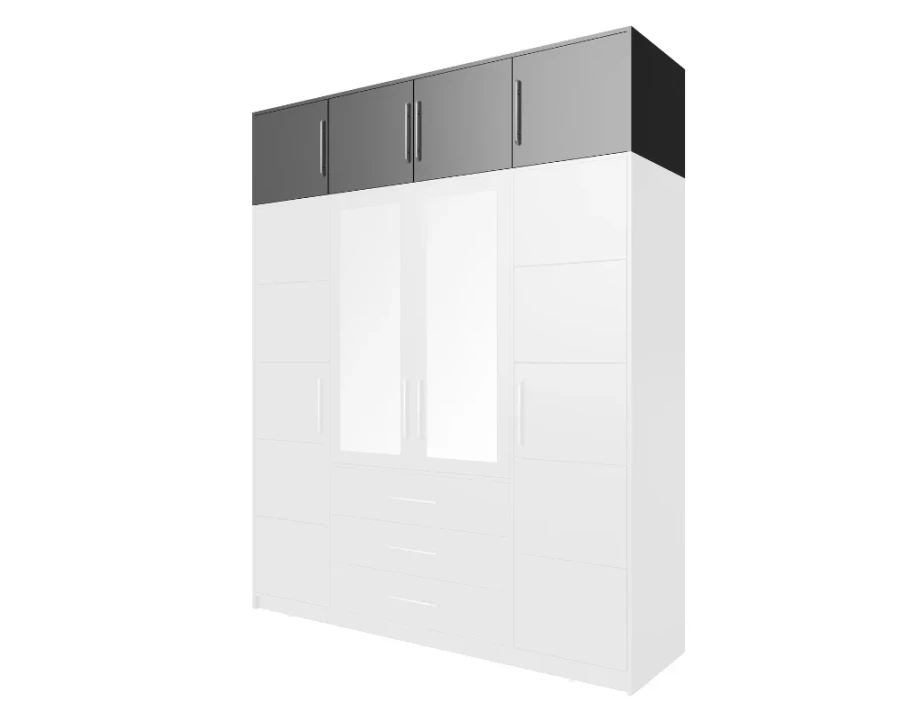 Weißer 4-türiger Kleiderschrank mit zwei Spiegeln und anthrazitfarbenem Aufsatz.