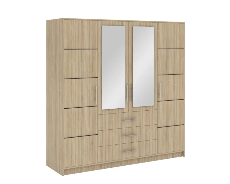 Kleiderschrank in Eiche-Optik mit Spiegeltüren und Schubladen, modernes Schlafzimmer-Möbel.