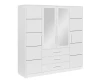 Großer weißer Kleiderschrank mit Spiegelfront und drei Schubladen.