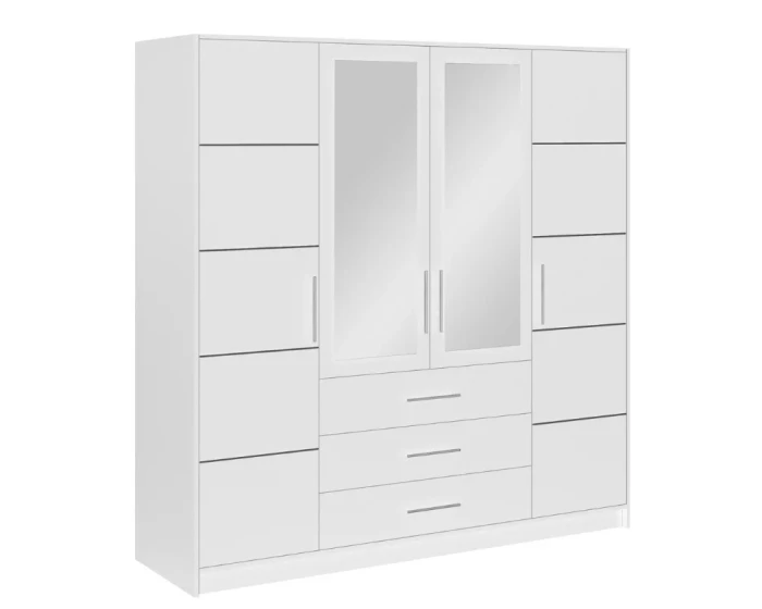 Großer weißer Kleiderschrank mit Spiegelfront und drei Schubladen.