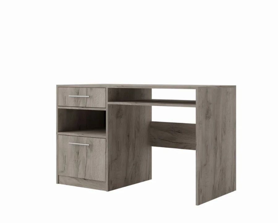 Grauer Schreibtisch in Holzoptik mit Schublade und praktischen Aufbewahrungsfächern.