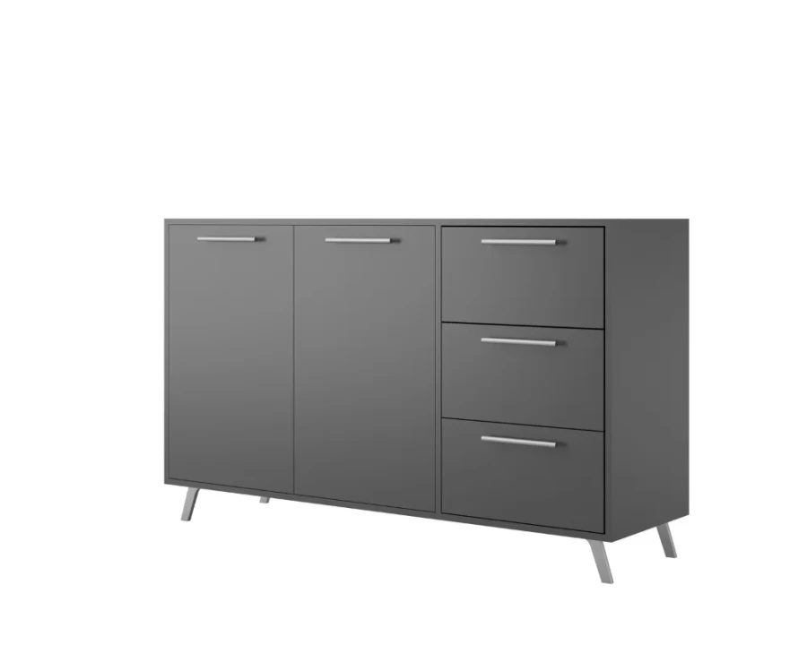 Modernes Sideboard in Anthrazit mit 2 Türen, 3 Schubladen und silbernen Füßen.
