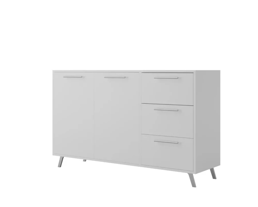 Weißes Sideboard modern mit 2 Türen, 3 Schubladen und silbernen Metallgriffen.
