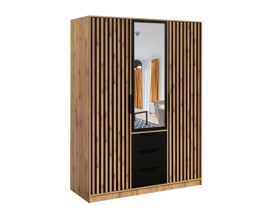 Kleiderschrank in Eiche mit schwarzen Lamellen, Spiegel und drei Schubladen für das Schlafzimmer.