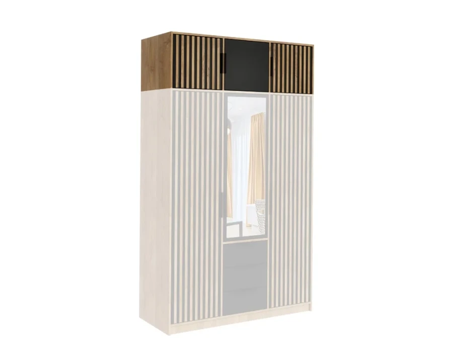 Schrankaufsatz mit Lamellen-Design in Eiche-Optik und schwarzer Front zur Stauraum-Erweiterung.