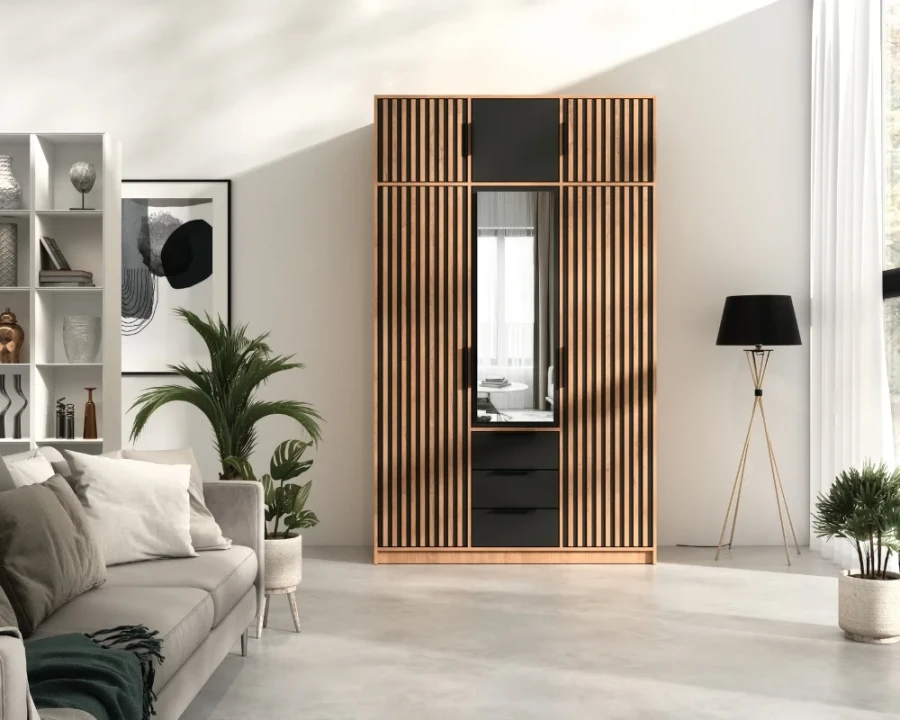 Kompletter Kleiderschrank mit Aufsatz im modernen Lamellen-Look für Schlafzimmer oder Flur.