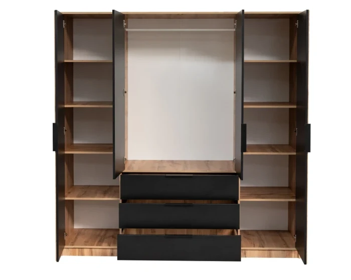 Innenansicht eines Kleiderschranks in Eiche-Optik mit Kleiderstange und Schubladen.