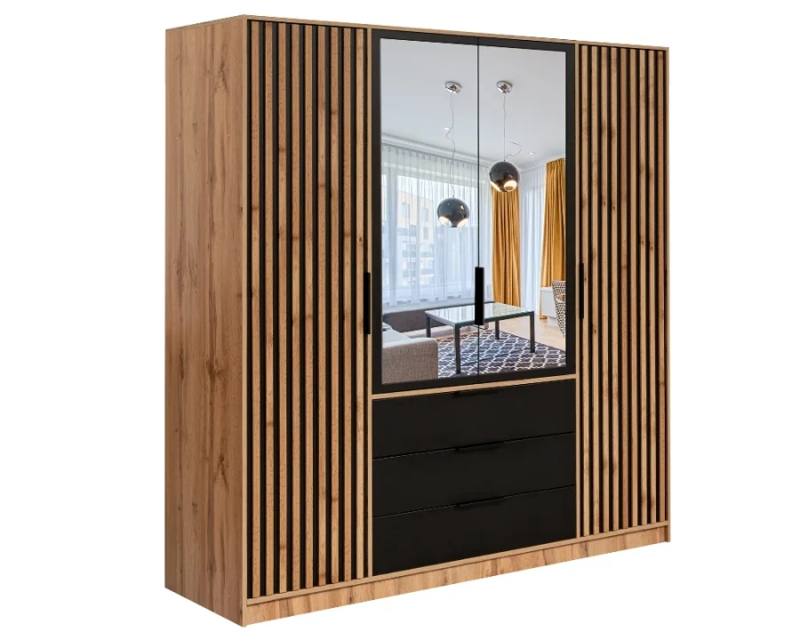 Stilvoller Kleiderschrank in Eiche-Optik mit schwarzen Akzenten, Lamellen und Spiegel.