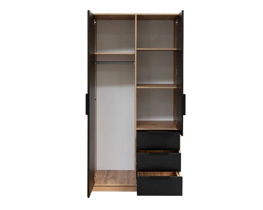 Open wardrobe in oak look with black fronts, shelves and clothes rail.