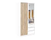 Weißer Kleiderschrank mit Spiegel, Holzlamellen-Design und drei weißen Schubladen.