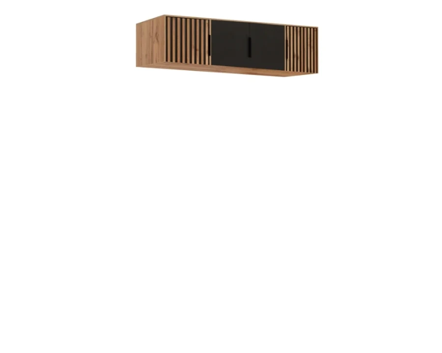 Hängeschrank-Aufsatz in Holz-Optik mit schwarzen Türen und Lamellen-Design.