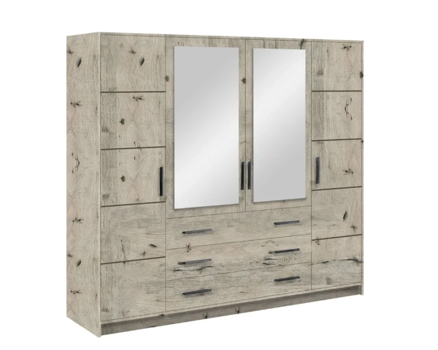 Großer Kleiderschrank in Eiche-Optik mit zwei Spiegeltüren und drei breiten Schubladen.