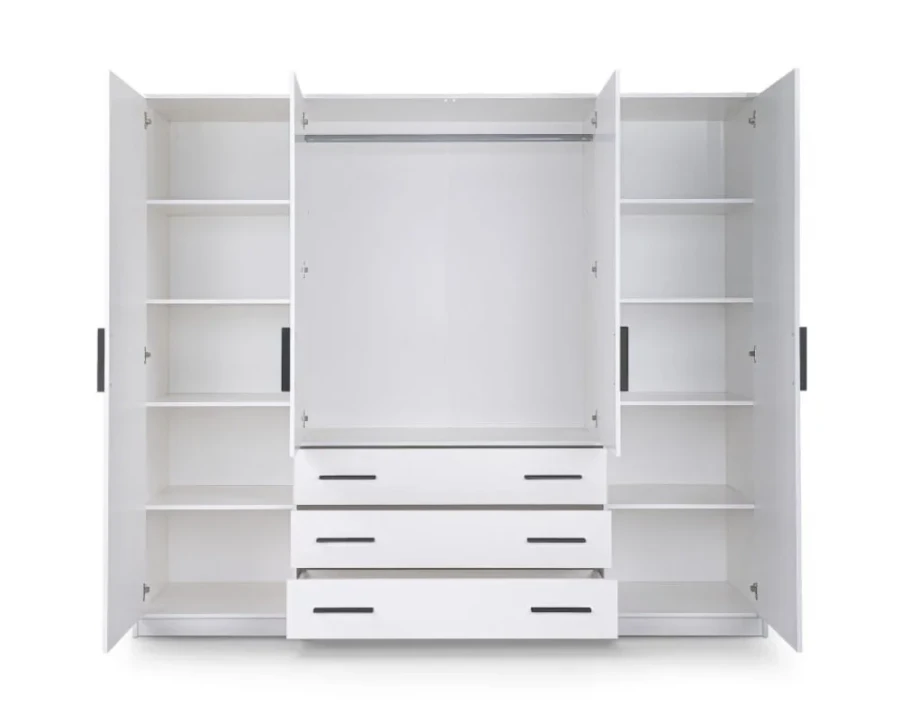 Innenansicht Kleiderschrank Weiß mit Kleiderstange, Regalböden und Schubladen
