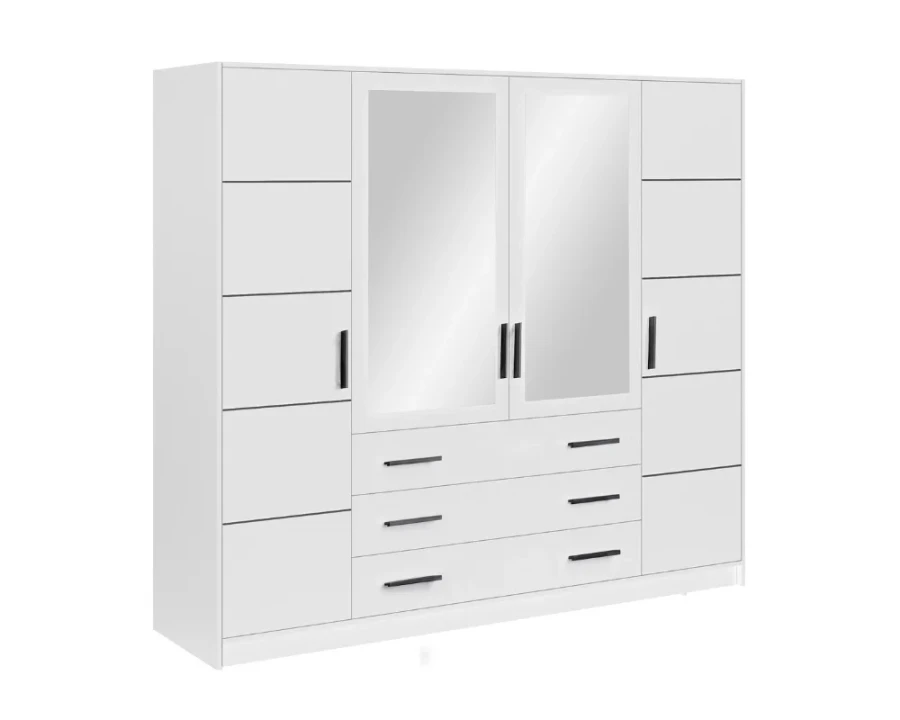 Großer Kleiderschrank in Weiß mit schwarzen Griffen, integriertem Spiegel und praktischen Schubladen.