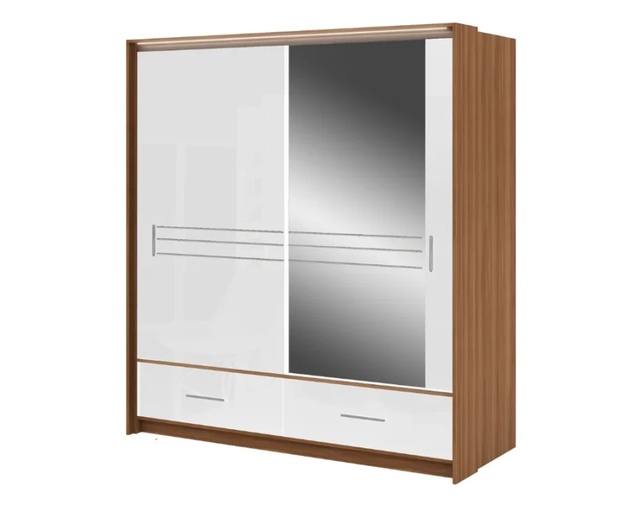 Zweitüriger Schwebetürenschrank in Holzoptik mit Spiegel und zwei weißen Schubladen.
