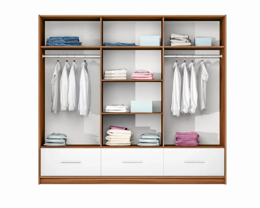 Innenansicht eines Kleiderschranks mit Kleiderstangen, Regalen und weißen Schubladen in Holzoptik.