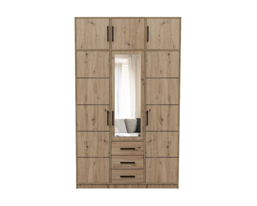 Großer 3-türiger Kleiderschrank in Eiche-Optik mit Kristallspiegel und drei Schubladen.
