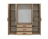 Geöffneter Kleiderschrank in Eiche-Optik mit Einblick auf Fächer, Kleiderstange und Schubladen.