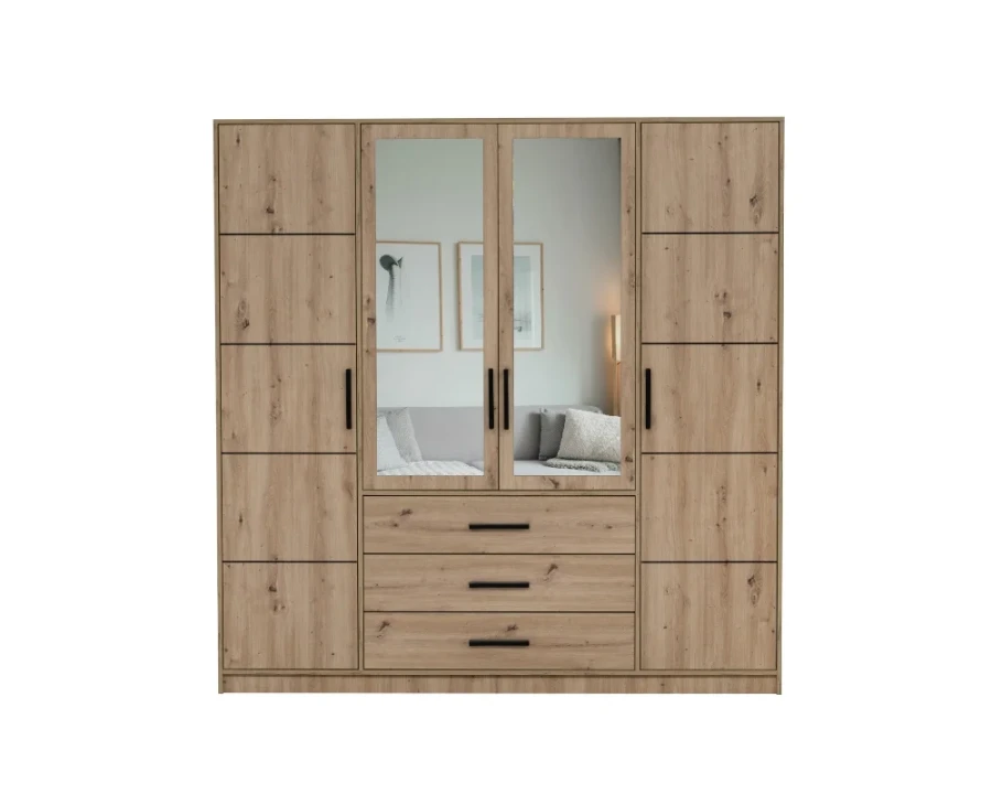 Viertüriger Kleiderschrank in Eiche-Optik mit zwei großen Spiegeltüren und drei Schubladen.