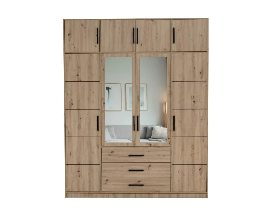 Großer Kleiderschrank in Eiche-Optik mit Spiegeln, Schubladen und Aufsatzschränken für das Schlafzimmer.