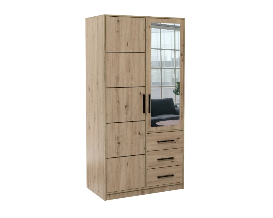 Moderner Kleiderschrank in Eiche-Optik mit Spiegel und schwarzen Griffen, schräge Ansicht.