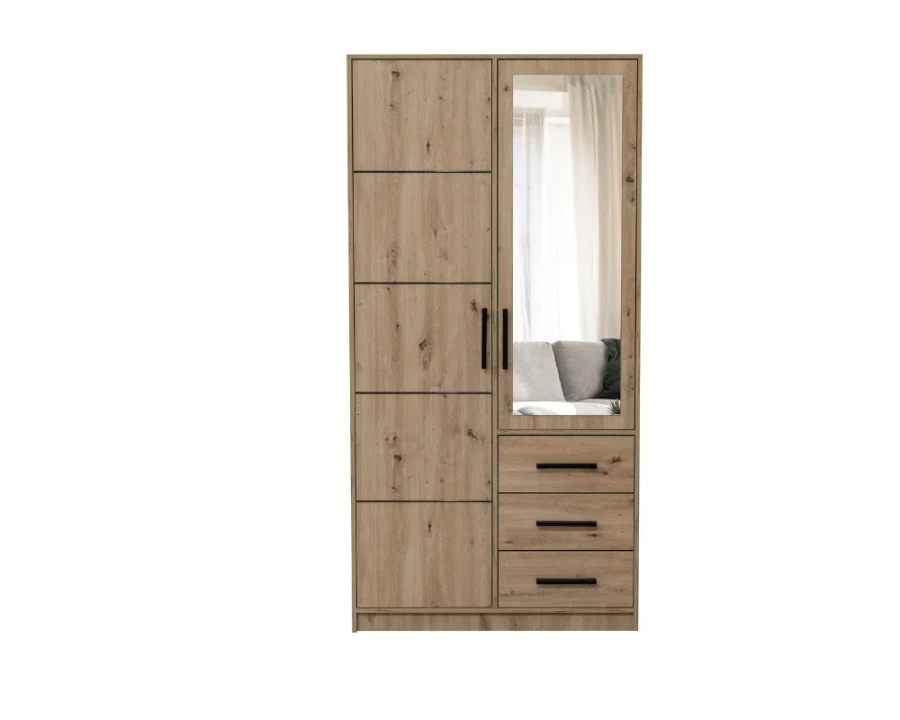 Zweitüriger Kleiderschrank in Eiche-Optik mit Spiegel und drei Schubladen