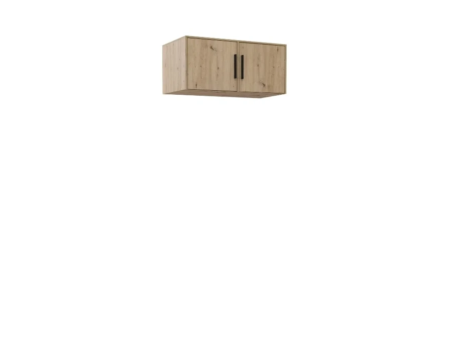 Kleiner Hängeschrank in Eiche-Optik mit zwei Türen und schwarzen Griffen.