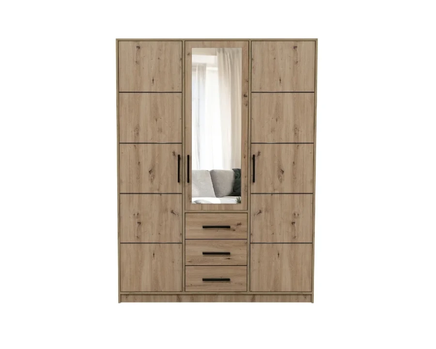 Moderner Kleiderschrank in Eiche-Optik mit Spiegel, drei Türen und drei Schubladen.