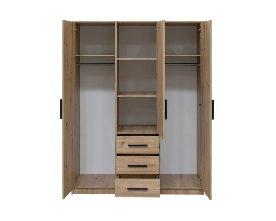 Offener Kleiderschrank mit Blick auf die Inneneinteilung: Kleiderstangen, Fächer und Schubladen.