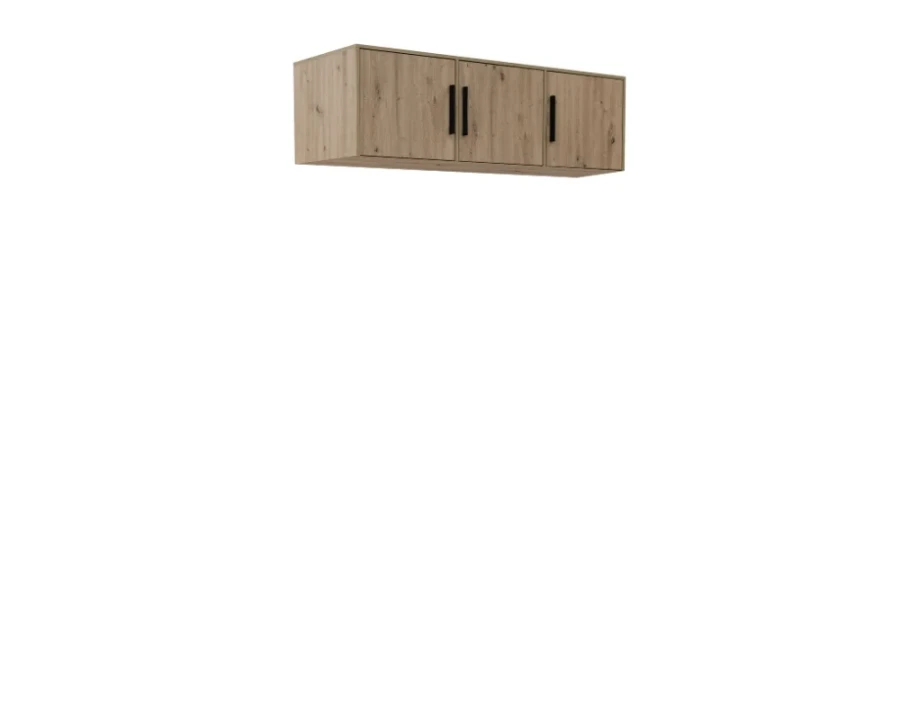 Hängeschrank aus Holz mit drei Türen und schwarzen Griffen, ideal als zusätzliche Wandaufbewahrung.
