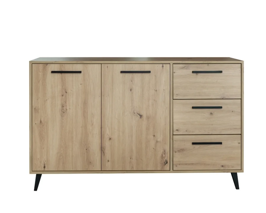 Elegantes Sideboard in Eiche-Optik mit zwei Türen, drei Schubladen und schwarzen Metallfüßen.