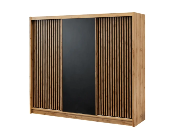 Moderner Kleiderschrank in Eiche mit schwarzen Lamellen und Schiebetüren.