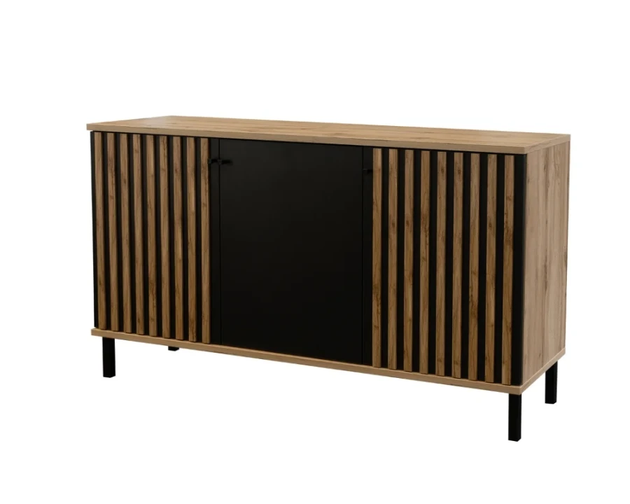 Modernes Sideboard in Eichenoptik mit schwarzen Lamellentüren und Metallfüßen.