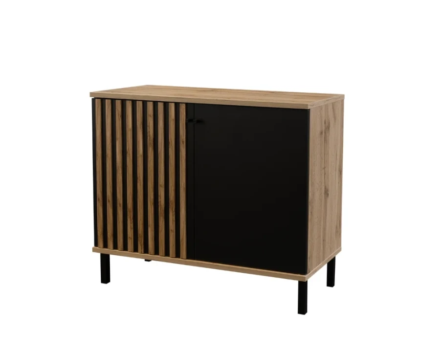 Kleine Kommode in Eiche-Dekor mit schwarzer Front und Lamellen-Design.