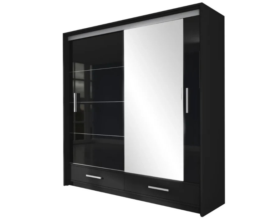 Schwarzer Schwebetürenschrank mit Spiegelfront und zwei praktischen Schubladen.