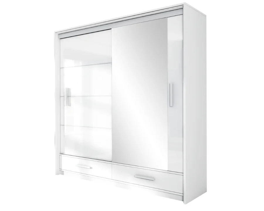 Eleganter weißer Kleiderschrank mit Spiegeltür und Schiebesystem für das Schlafzimmer.
