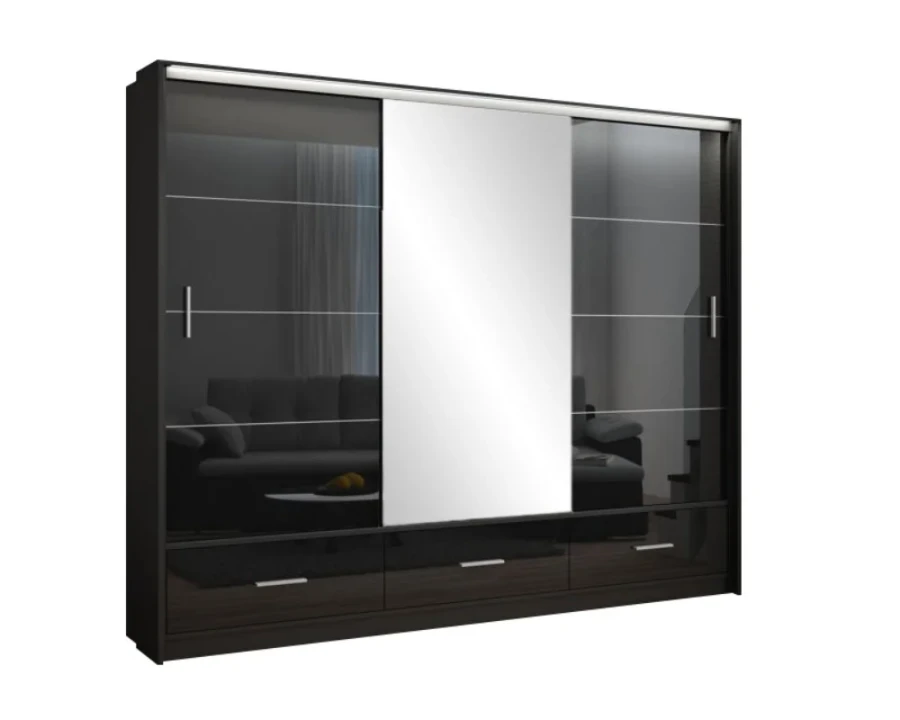 Großer dreitüriger Schwebetürenschrank in Schwarz mit zentralem Spiegel und drei Schubladen.