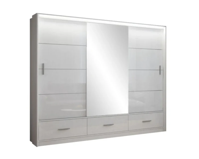 Moderner weißer Schwebetürenschrank mit drei Türen, Spiegel und integrierten Schubladenelementen.