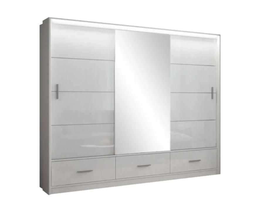 Moderner weißer Schwebetürenschrank mit drei Türen, Spiegel und integrierten Schubladenelementen.