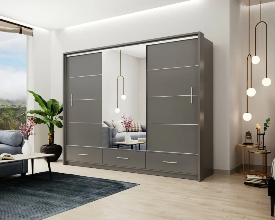 Moderner grauer Schwebetürenschrank mit Spiegel und drei Schubladen im stilvollen Wohnzimmer.