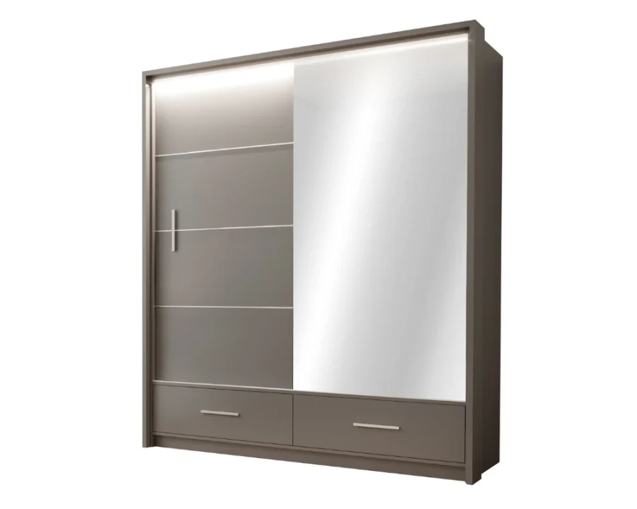 Zweitüriger grauer Kleiderschrank mit einer Spiegeltür, zwei Schubladen und LED-Lichtleiste oben.
