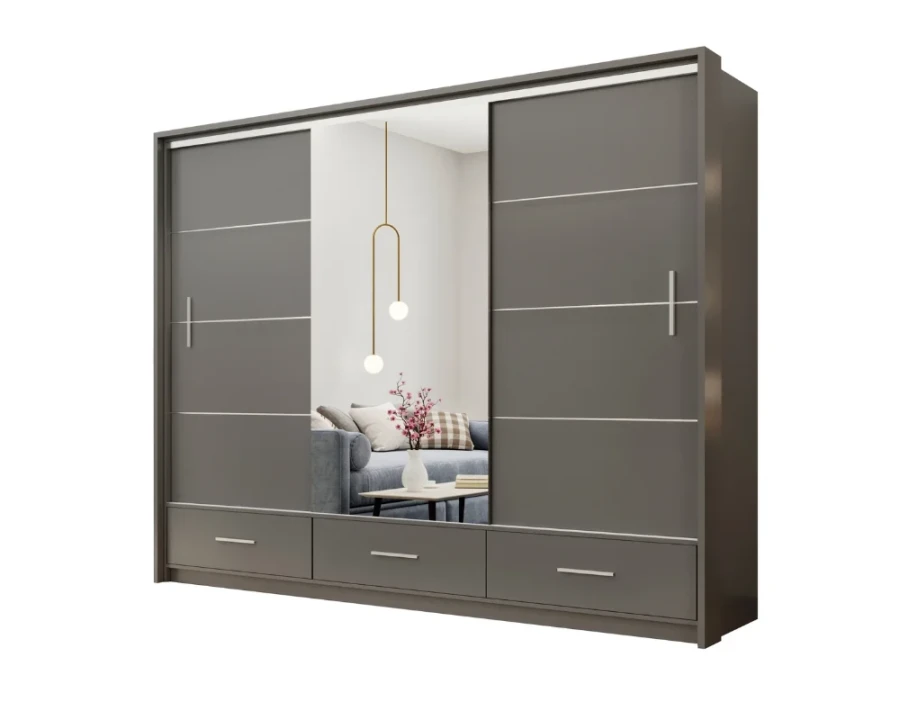 Moderner grauer Schwebetürenschrank mit großem Spiegel und drei praktischen Schubladen.