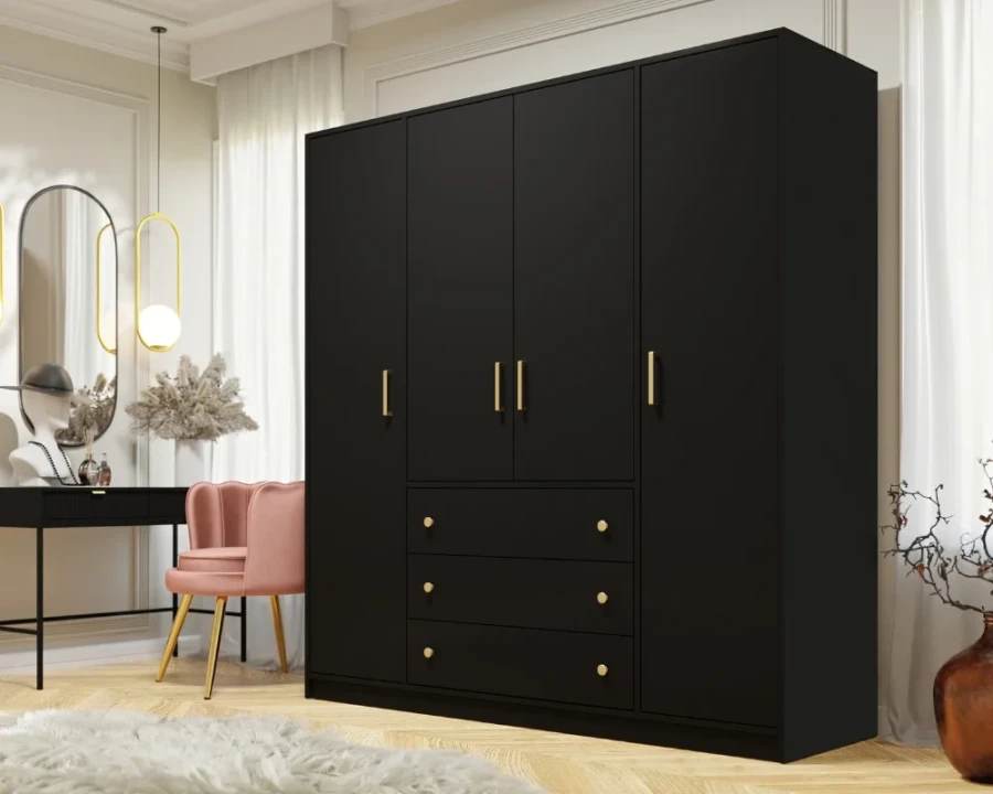 Stilvoller schwarzer Kleiderschrank mit goldenen Details in modernem Ambiente