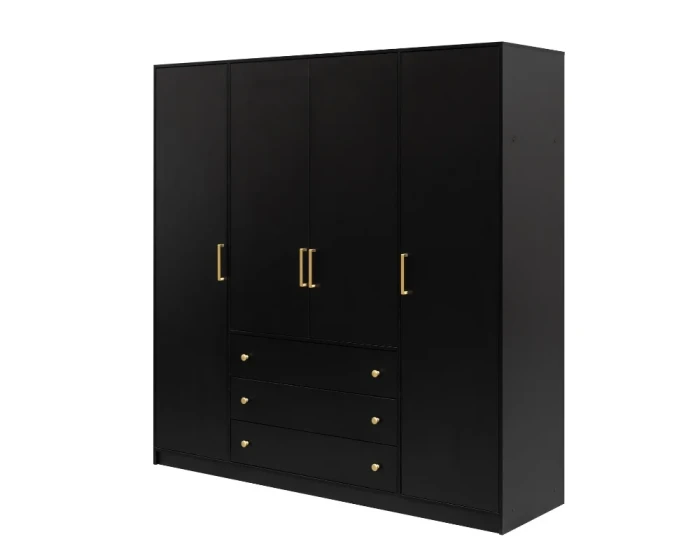 Schwarzer Kleiderschrank mit goldenen Griffen und drei Schubladen.