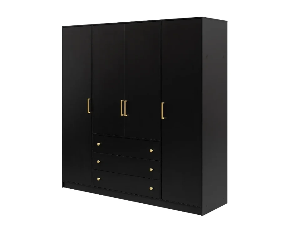 Schwarzer 4-türiger Kleiderschrank mit goldenen Griffen und drei Schubladen auf weißem Hintergrund.