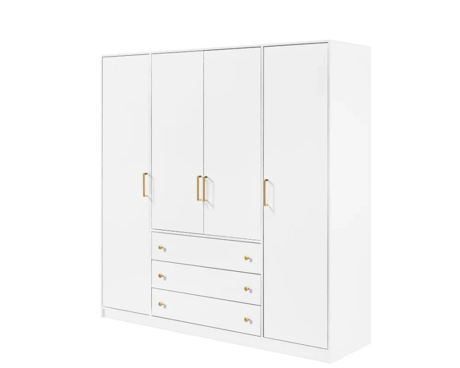 Moderner weißer Kleiderschrank mit vier Türen, drei Schubladen und eleganten goldenen Griffen.