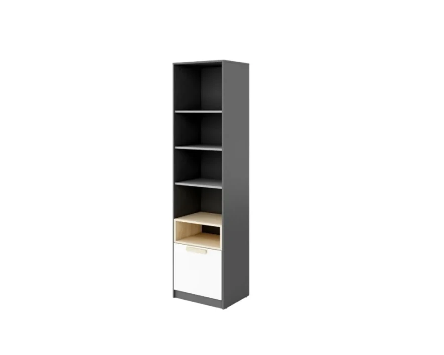 Schmales Regal in Anthrazit mit offenen Fächern, Holz-Element und weißer Schublade.